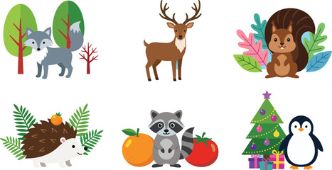Fototapeta premium Cute Woodland and Winter Animal Collection Featuring Flat Cartoon Wolf Deer Squirrel Hedgehog Raccoon and Christmas Penguin with Gifts Vector Graphic Elements