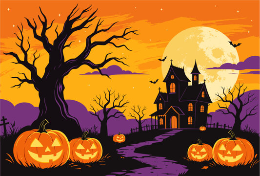 Spooky Halloween night background with haunted house and jack o lanterns under full moon