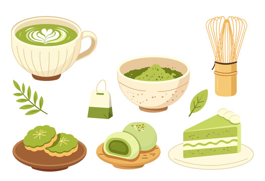 Matcha Green Tea and Japanese Dessert Vector Set