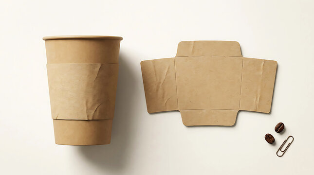Customizable Kraft paper coffee cup mockup alongside an unfolded sleeve template, perfect for showcasing sustainable brand designs in a clean, minimalist flat lay composition.