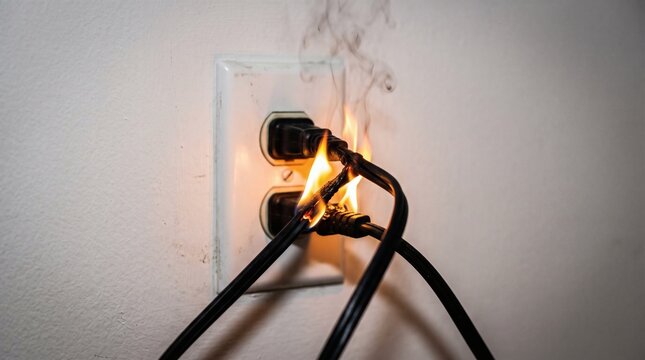 Electrical outlet sparking and burning with smoke rising from a plug.