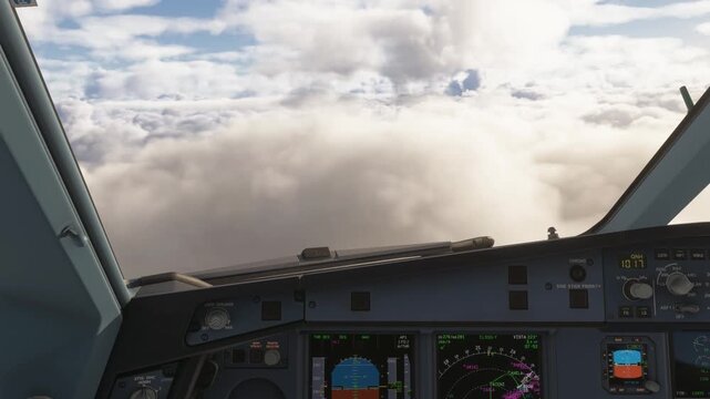 Cockpit view flying over thick white clouds
