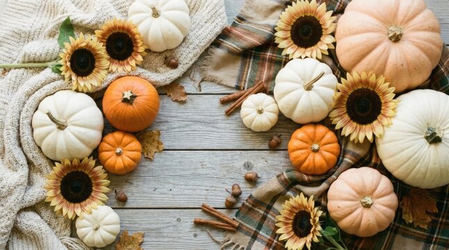 Autumn still life with pumpkins sunflowers and fall foliage on a rustic wood background