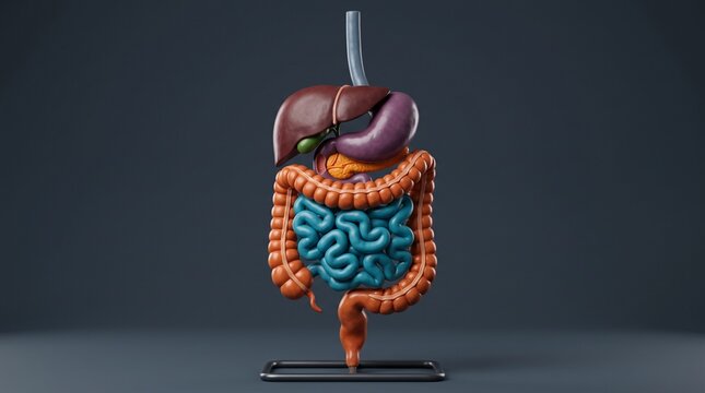 3D render of human digestive system model on dark background