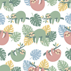 Seamless pattern featuring cute cartoon sloths hanging on tropical tree branches and monstera leaves © Zeva Arunika