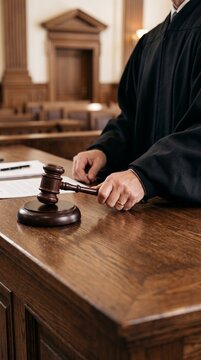Judge holding wooden gavel on courtroom desk