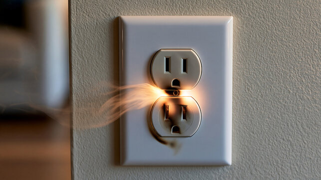 Realistic photography of an overheating electrical wall outlet with a faint wisp of smoke and a subtle scorch mark, modern home interior, dramatic realistic illumination, clean com