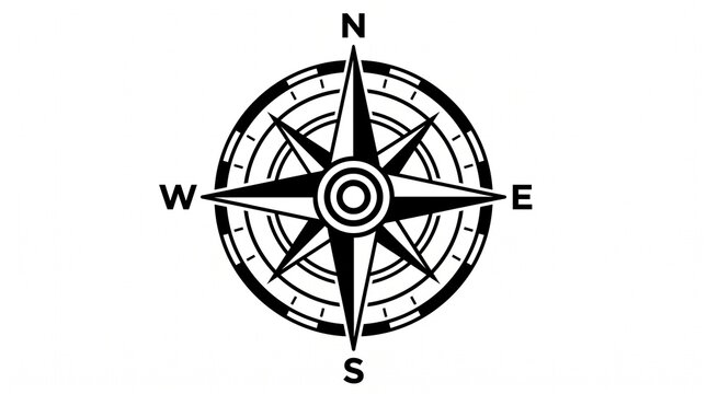 Black and white compass rose illustration with cardinal directions