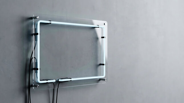 Modern illuminated rectangular neon tube wall sign mockup featuring a transparent glass panel mounted on a neutral grey concrete background perfect for showcasing custom branding and creative logos