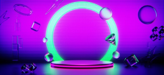 abstract backgound video game of scifi gaming cyberpunk, vr virtual reality simulation and metaverse, scene stand pedestal stage, 3d illustration rendering, futuristic neon glow room © issaronow