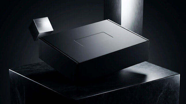 Sleek Black Product Packaging Box Floating in a Dark, Modern, and Luxurious Studio Setting, Perfect for Premium Subscription Delivery Service Mockups and High-End Brand Promotions.