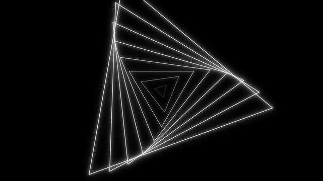 Abstract geometric triangle line animation on black background, glowing neon wireframe tunnel, futuristic technology motion graphics, dynamic perspective design, seamless loop 4k video