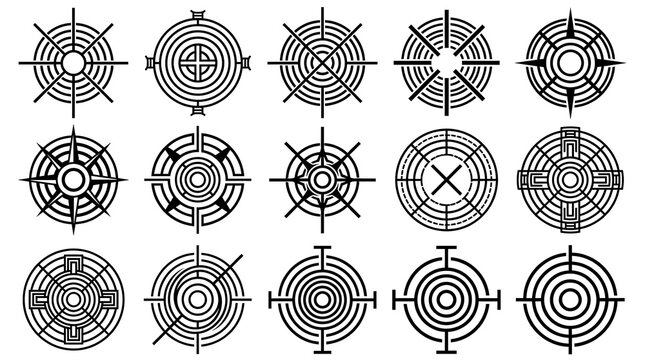 Geometric target icons set, 15 black circular crosshair symbols, minimalist aim and scope reticle collection for UI design