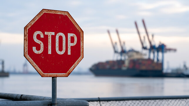 Red stop sign standing tall at the commercial shipping port with large container ship and harbor cranes in soft background blur on a calm day