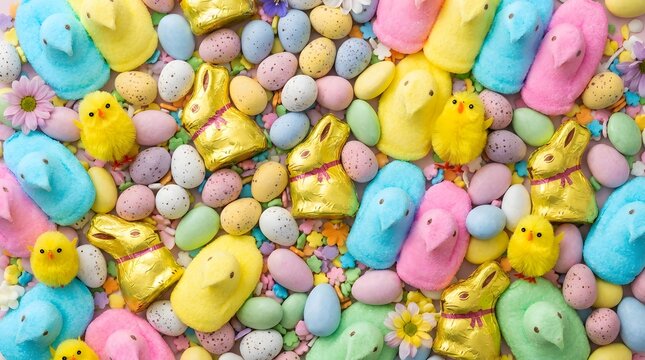 Colorful easter candy marshmallow chicks and rabbits with small chocolate eggs background