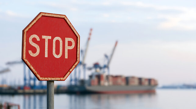 Red stop sign close up with blurred cargo port background and industrial harbor cranes, logistics and international trade concept image