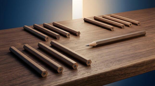 Wooden pencils set, sharp lead contrast vs unsharpened blanks, organized groups on walnut surface, professional studio lighting on office desk, creative marketing materials and corporate branding.