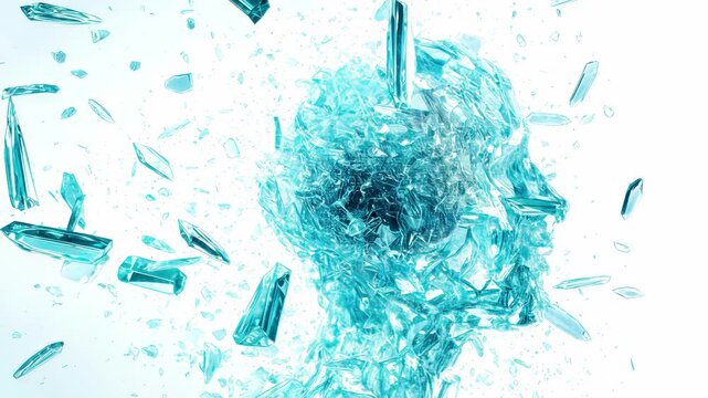 Abstract human head silhouette formed by turquoise glass shards. Shattering crystal profile on white background. Lockdown shot.