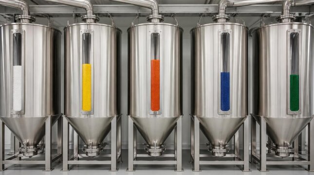 Stainless steel industrial storage tanks with colorful granules in factory