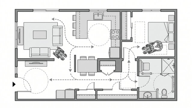 Top View Accessible Home Floor Plan with Wheelchair Circulation, Adapted Kitchen and Bathroom, Bedroom Transfer Space and Caregiver Interaction