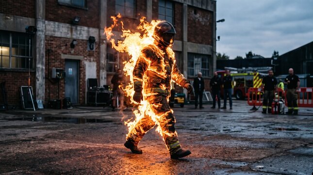 Firefighter in protective gear engulfed in flames during training exercise.