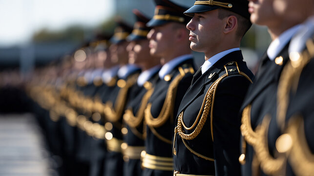 Rows of young cadets in formal uniforms standing in disciplined formation during a bright military academy ceremony, clean open square setting without landmarks, tradition, honor,