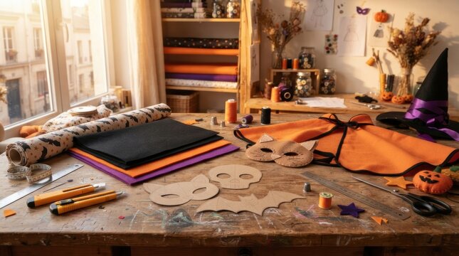 DIY Halloween Crafting Station: A wooden table is adorned with colorful craft supplies, including patterned paper, felt sheets, scissors, and spooky decorations like bat cutouts and masks.