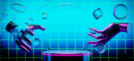 abstract backgound video game of scifi gaming cyberpunk, vr virtual reality simulation and metaverse, scene stand pedestal stage, 3d illustration rendering, futuristic neon glow room © issaronow