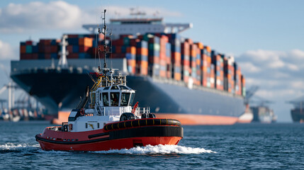 Fototapeta premium Modern unbranded tugboat guiding a large cargo ship into a bright coastal harbor, clear daylight, calm water, maritime transport, port operations