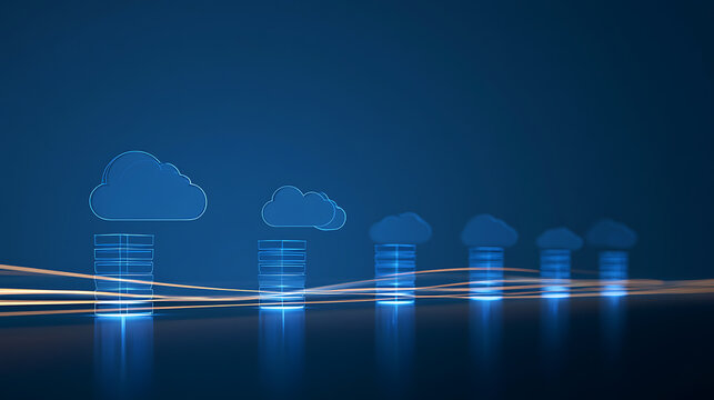 Abstract digital cloud computing and data storage infrastructure with glowing servers and network lines in a futuristic blue cyber space