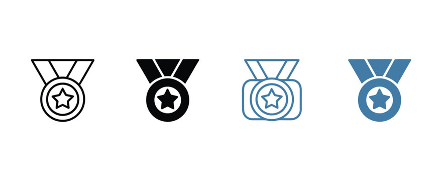 Award Badge Icon Vector Illustration Featuring Star Symbols in Four Distinct Styles for Achievement, Recognition, Rewards, Excellence, and Certification