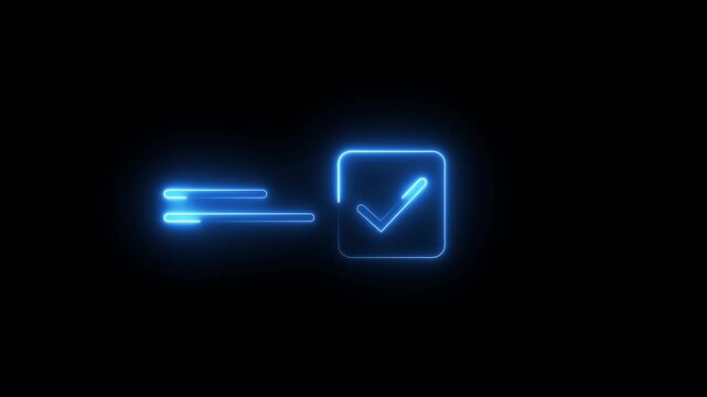 Neon check mark with glowing blue lines pulsing on black background in dynamic motion loop