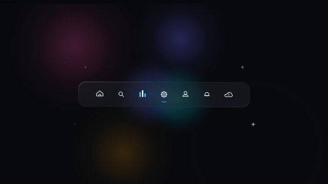 Modern digital navigation menu interface floating against dark bokeh background