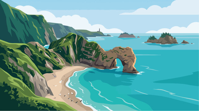 Scenic coastal landscape vector illustration featuring a stone archway above turquoise waters and grassy cliffs