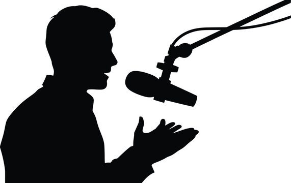 Podcast host speaking into studio microphone with headphones, isolated black silhouette for broadcasting and audio media design