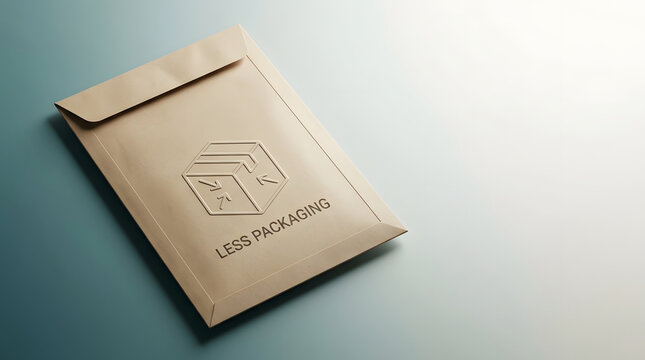 Kraft paper envelope, embossed logo with less packaging text, eco friendly sustainable material, minimalist neutral surface with copy space, professional branding mockup for shipping service.