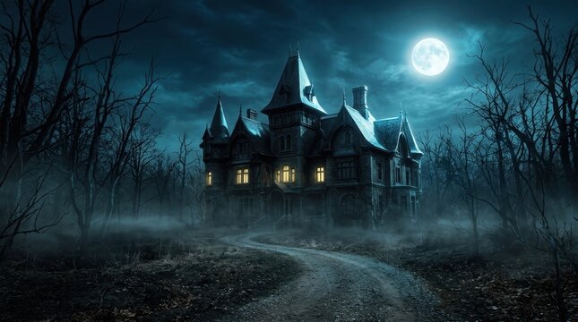 Haunted Mansion on a Full Moon Night: A spooky Victorian mansion looms eerily in a dense, fog-laden forest under the glow of a full moon, creating an atmosphere of mystery and suspense.