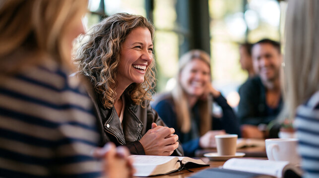 Christian friends sitting around a caf&eacute; table with open Bibles and notebooks, engaged in relaxed discussion, warm natural light through large windows, bible study, fellowship, fait