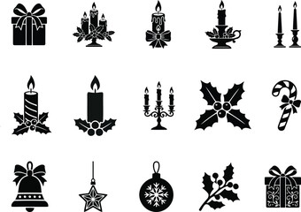 Fototapeta premium Christmas Candle and Holiday Decoration Icons Set in Black Silhouette