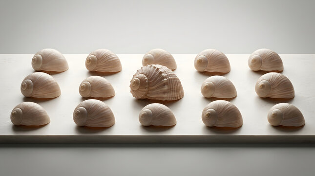 Sea shells collection, organized grid layout with one unique central specimen, symmetrical rows on white marble pedestal, minimalist grey background studio setting, conceptual leadership marketing.
