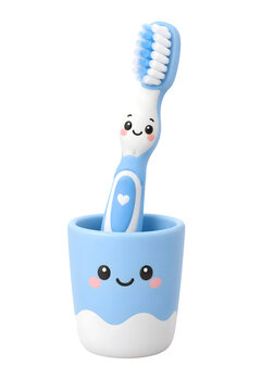 Cute 3D cartoon toothbrush and cup with kawaii face