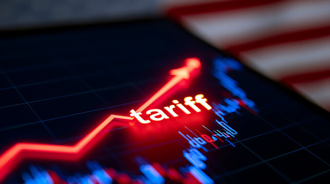 US tariff increase financial market concept with upward red stock chart arrow and blurry American flag background in professional studio