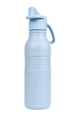 Light blue reusable plastic water bottle with a flip-top lid and handle stands upright on a clean white background © Chinases