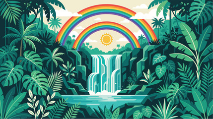 Obraz premium Tropical jungle waterfall illustration featuring a vibrant double rainbow over lush green exotic forest foliage plants