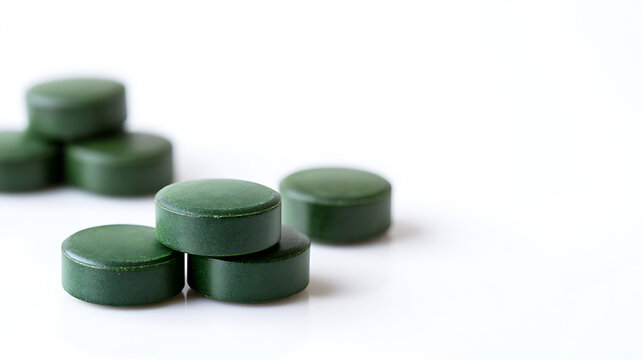 Green algae tablets, chlorella or spirulina superfood supplement pills, natural organic health product on white isolated background, close up