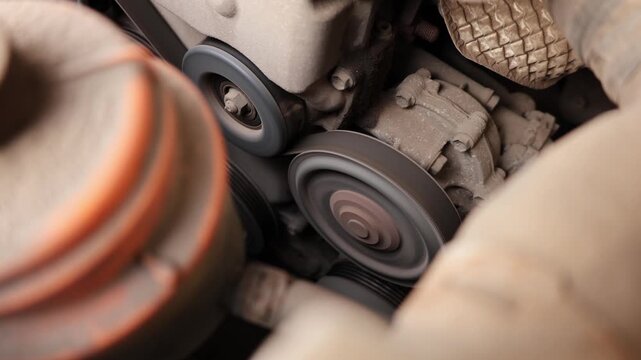 Detailed view of an automotive engine component featuring the timing belt and pulleys. Dust and grime are visible, indicating usage and exposure to engine heat.