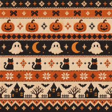 Ugly Halloween sweater knitted pattern featuring cute spooky motifs of jack o'lanterns, ghosts, black cats, and haunted houses for a festive autumn textile background.