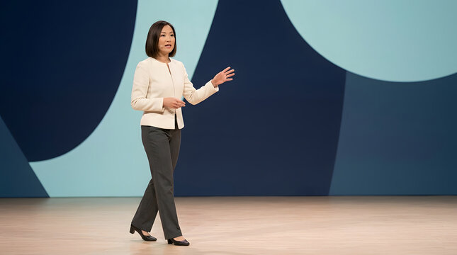 Professional Asian woman, presenting on stage at corporate seminar, formal business attire with microphone, blue geometric circular background, advertising for leadership training and events banner