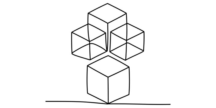 Stack of cube blocks drawing in continuous black outlines for structural architecture design and logical construction.