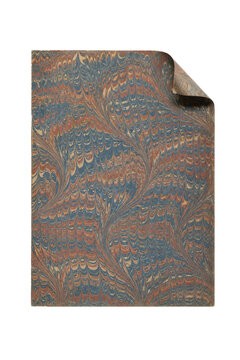 Antique marbled paper sheet with a curled corner features a vibrant blue, brown, and gold pattern on a white background